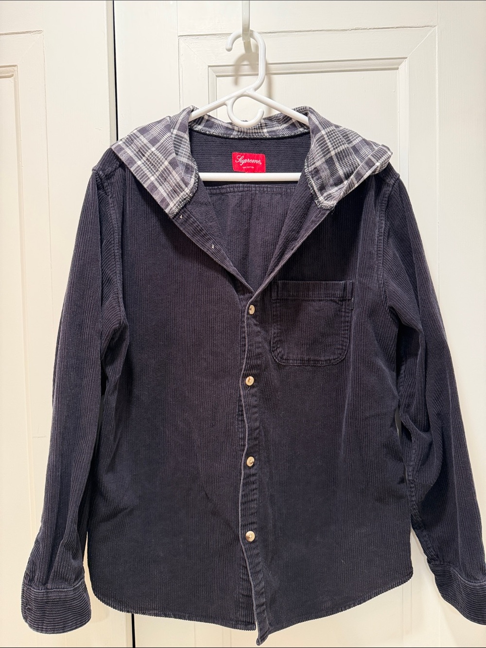 Supreme Corduroy Button Up Shirt with Plaid Flannel Hood